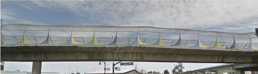 Oakland Coliseum BART pedestrian bridge string art yarn bomb sketch 