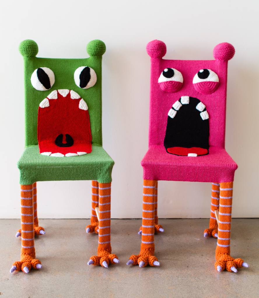 Yarn bombed monster chairs knit chairs knit bomb