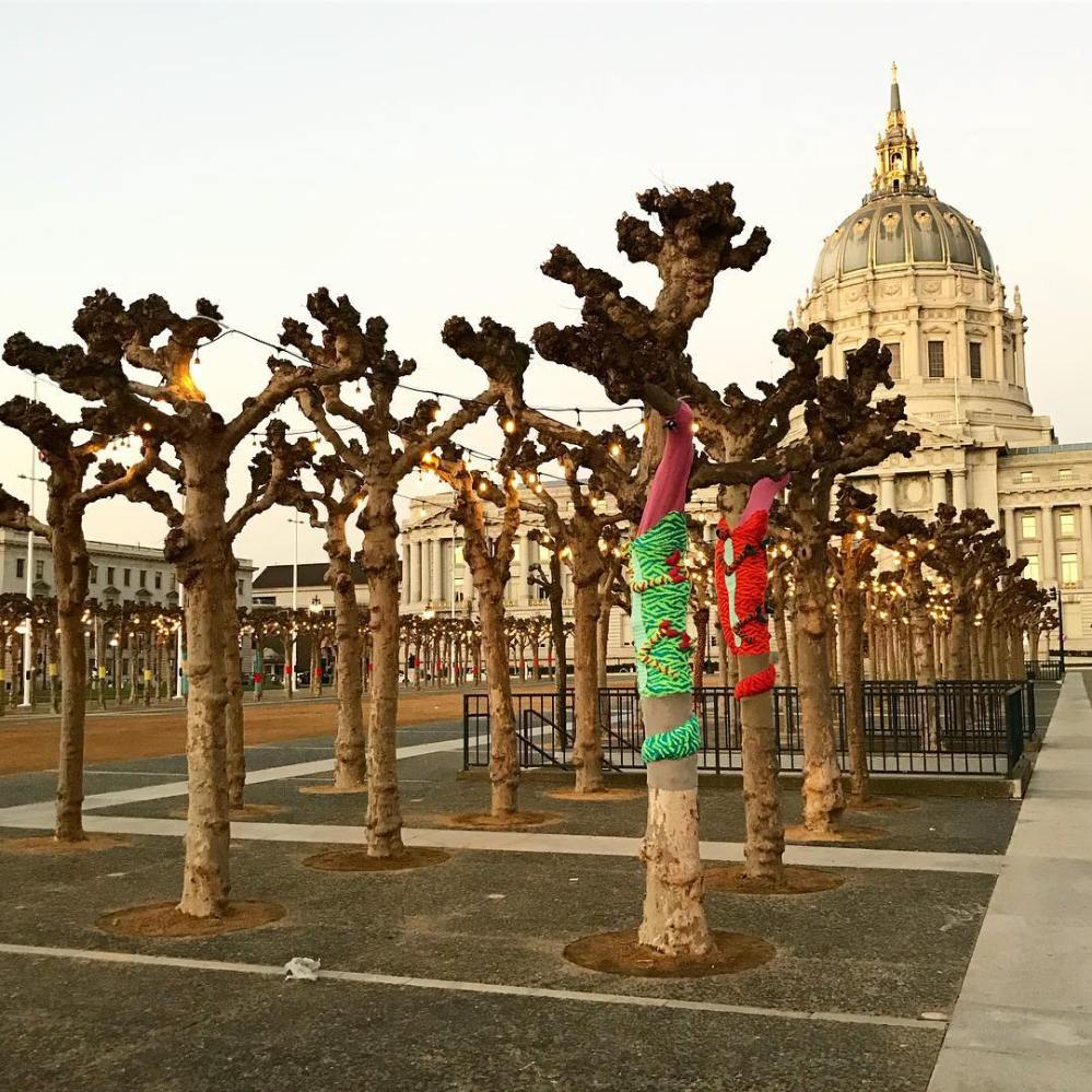 Chameleon Tree Yarn Bomb by Knits for Life for Knitting the Commons in San Francisco Civic Center